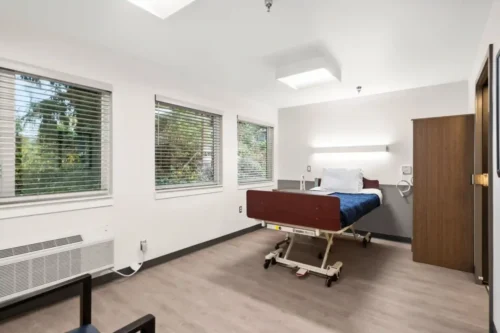 A hospital room with a single bed, blue sheets, and a wooden headboard. Large windows with blinds overlook greenery, creating a calm and bright atmosphere.